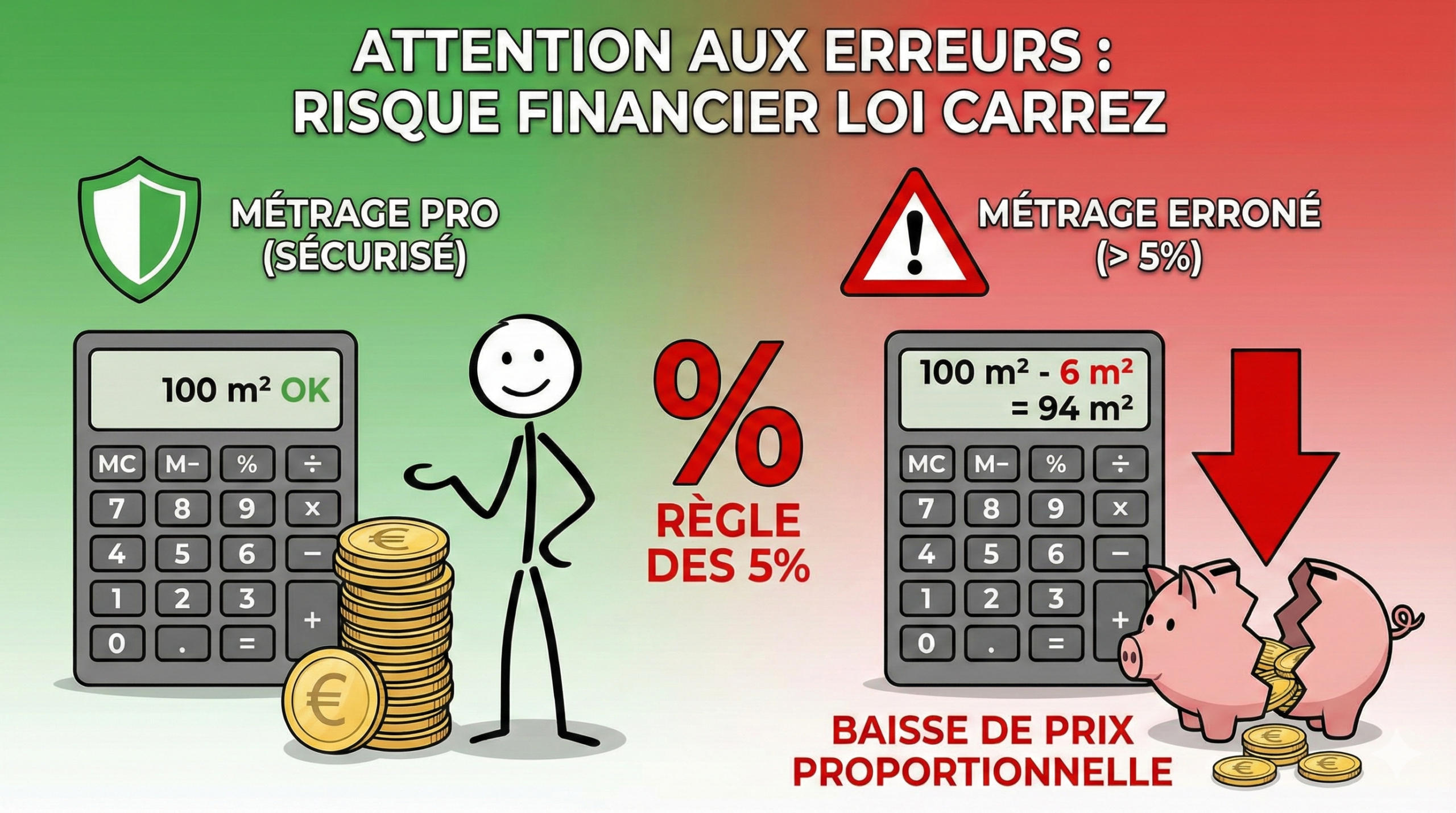 Infographie sur les risques financiers d'une erreur de métrage Loi Carrez : illustration de la règle des 5% et de la baisse de prix proportionnelle.