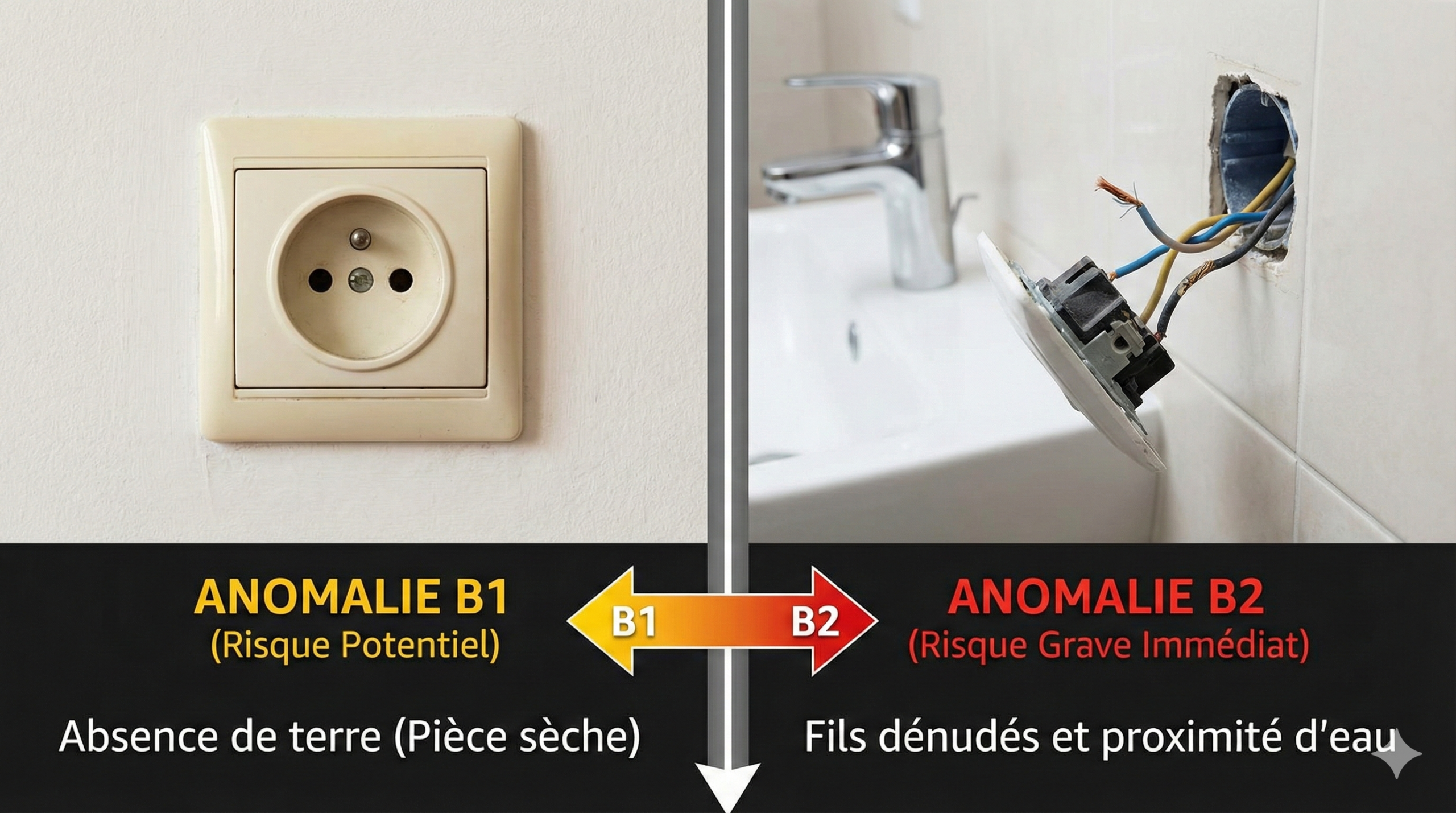Comparaison visuelle entre une anomalie électrique B1 (risque potentiel, absence de terre) et une anomalie B2 (risque grave immédiat, fils dénudés en zone humide) lors d'un diagnostic.