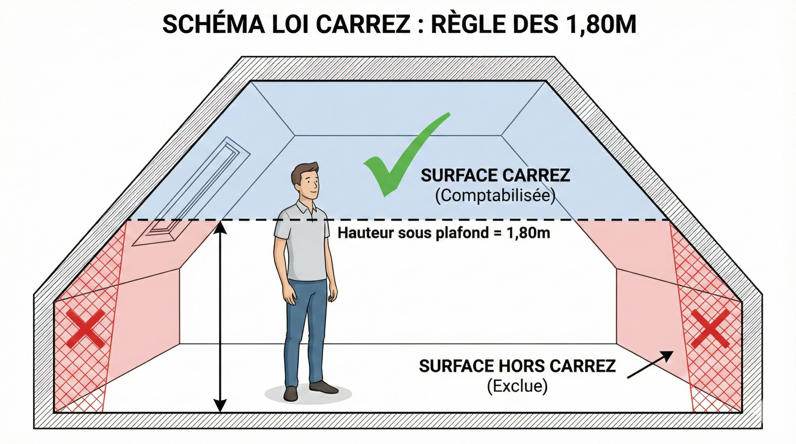 Schéma explicatif de la Loi Carrez : calcul de la surface habitable dans une pièce mansardée selon la règle des 1,80m de hauteur sous plafond.
