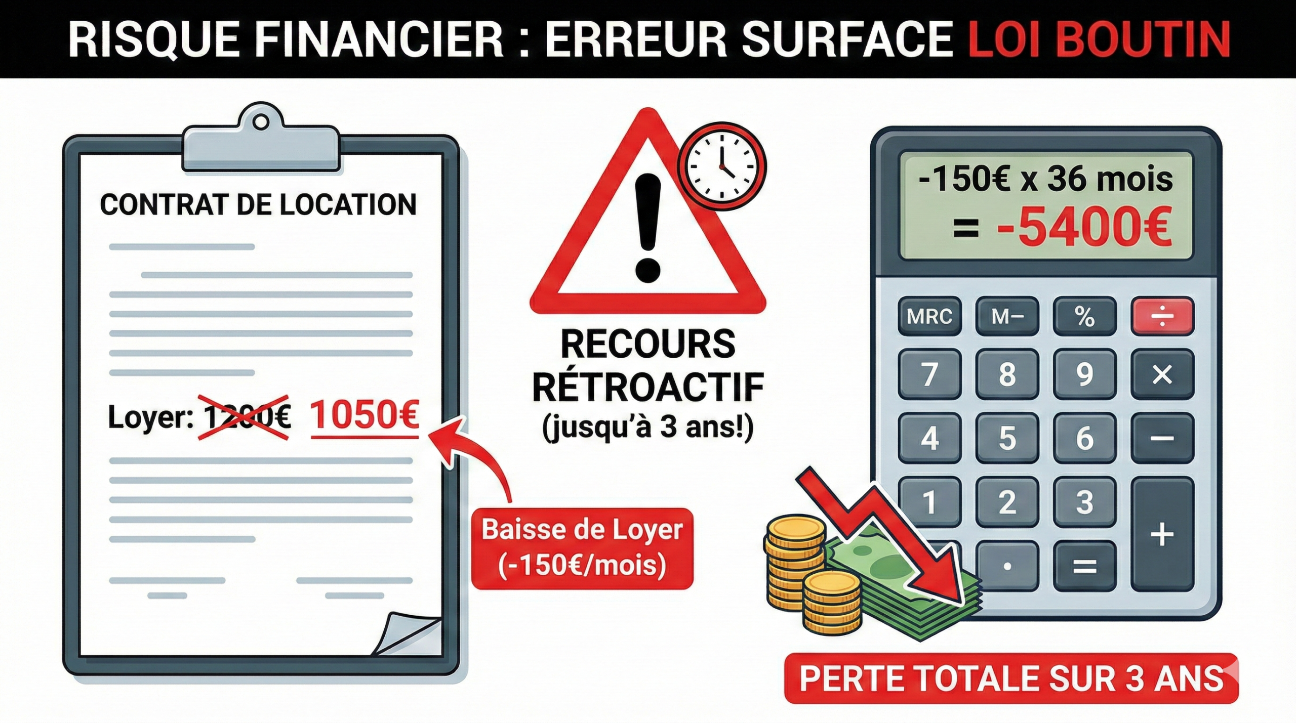 Infographie du risque financier d'une erreur de surface Loi Boutin : baisse de loyer rétroactive sur 3 ans pour le bailleur.